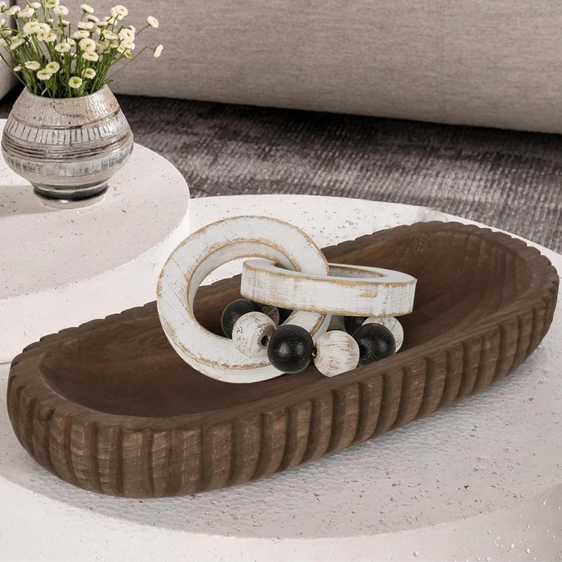 Oakrain Wooden Decorative Bowl for Home Decor, 16" Rustic Dough Bowl with Hand Carved Vertical Stripes, Long Wood Tray for Table Centerpieces, Brown - Image 5